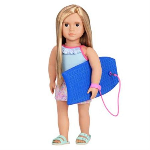 Ivana, an 18" doll in a beach outfit with a blue bodyboard, features brown eyes, blonde hair, and mixable clothing options.