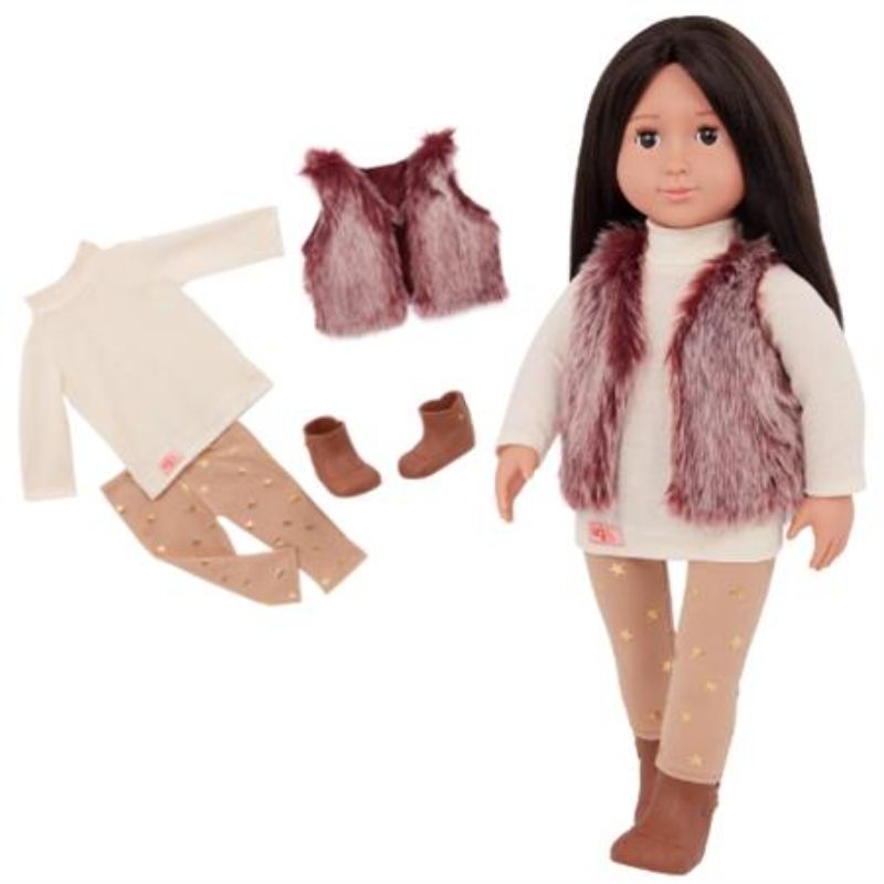 18-inch Our Generation doll Lei in red faux-fur vest, featuring realistic eyes, brushable hair, and stylish outfit for imaginative play.