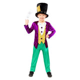 Whimsical Willy Wonka costume for boys 6-8, featuring a vibrant jumpsuit, classic hat, and eco-friendly design.