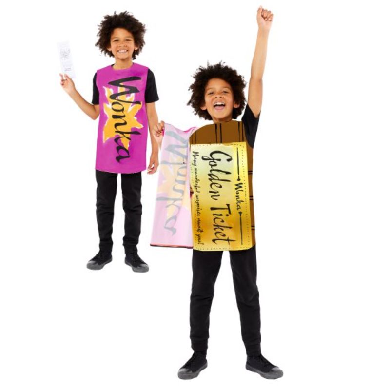 "Kids' Golden Ticket costume inspired by Charlie & The Chocolate Factory, vibrant design for imaginative play and parties."