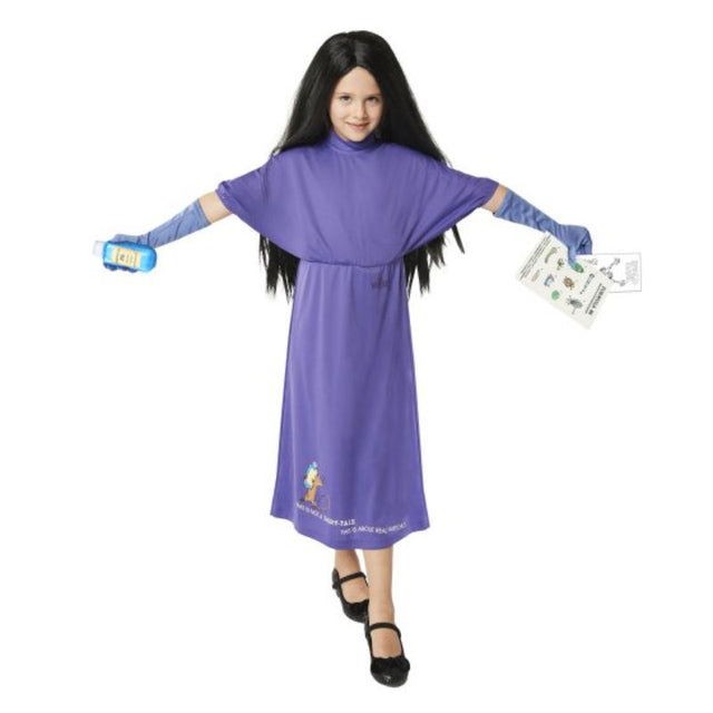 Costume Grand High Witch for ages 8-10, featuring a detailed dress, gloves, wig, felt bottle, and recipe card for Halloween fun.