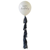 Elegant 24-inch Champagne Noir Happy Birthday Balloon with black tassel tail, perfect for sophisticated celebrations.