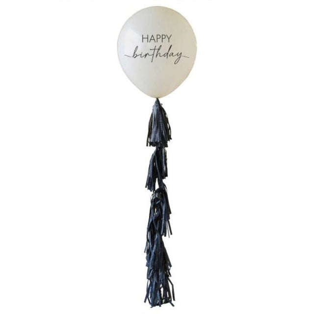 Elegant 24-inch Champagne Noir Happy Birthday Balloon with black tassel tail, perfect for sophisticated celebrations.