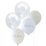 Elegant Christening balloon bundle in white, nude, and confetti; perfect for celebrations and party decor. Pack of 5.