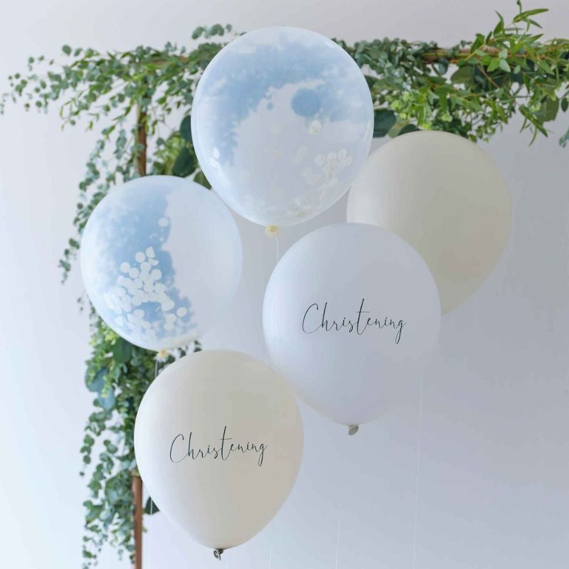 Elegant pack of 5 christening balloons in white, nude, and confetti designs, perfect for stylish celebrations.