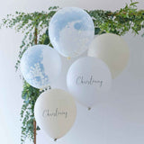 Elegant pack of 5 christening balloons in white, nude, and confetti designs, perfect for stylish celebrations.