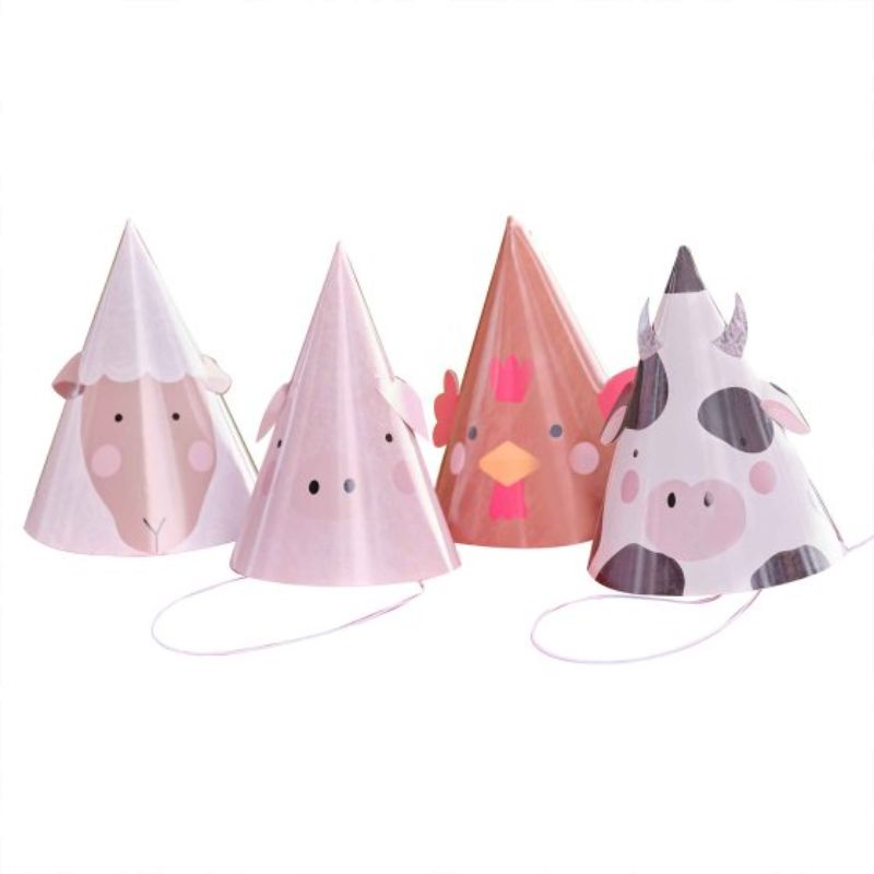 Charming pack of 8 kids' party hats featuring pig, cow, sheep, and chicken designs with pop-out ears for farm-themed fun.