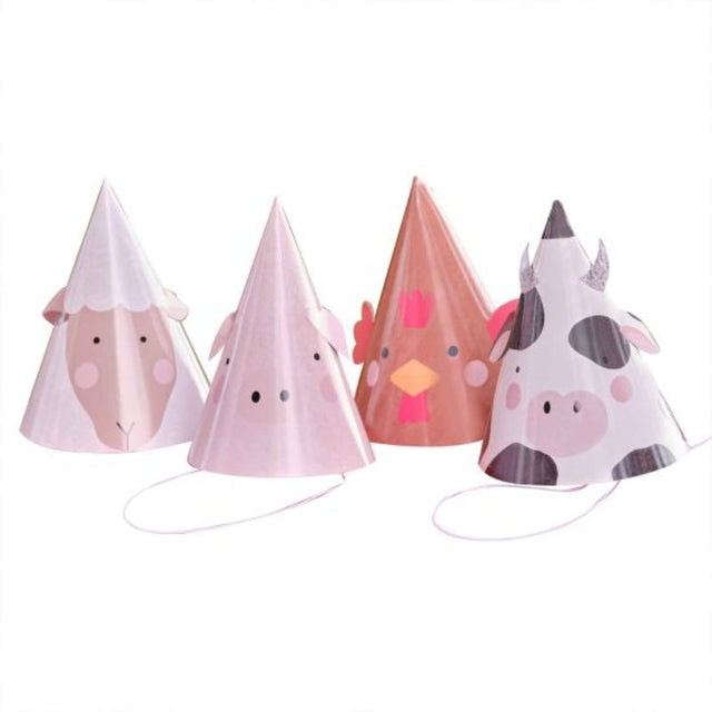 Charming pack of 8 kids' party hats featuring pig, cow, sheep, and chicken designs with pop-out ears for farm-themed fun.