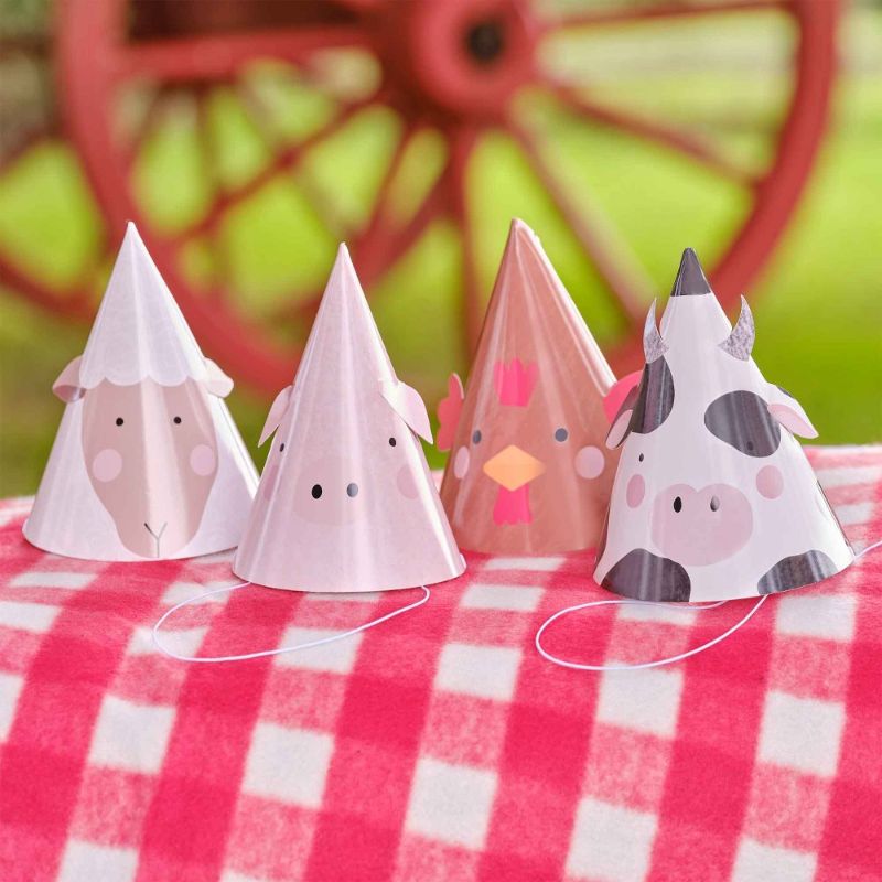 Farm Friends Party Hats pack of 8 featuring pig, cow, sheep, and chicken designs with pop-out ears for kids' celebrations.