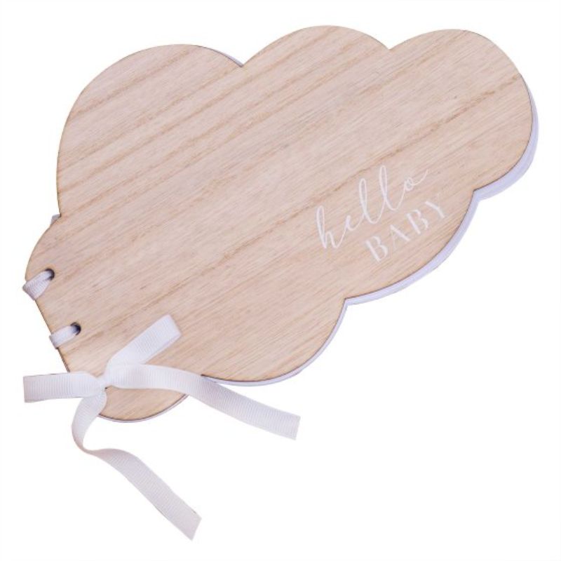 Wooden baby shower guest book with white ribbon, measuring 17x26 cm, designed for guests to leave messages.