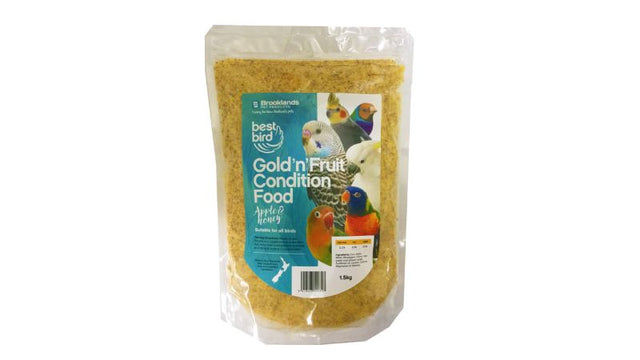 Nutritious 1.5kg bird food with apple and honey, suitable for all birds, made in New Zealand with quality ingredients.