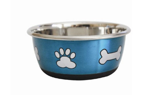 Metallic blue stainless steel dog bowl, 500mL capacity, skid-free with rubber ring, stylish and dishwasher-safe design.