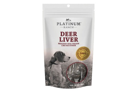 Natural dried deer liver dog treats in a resealable 90g bag, perfect for rewarding dogs of all sizes.