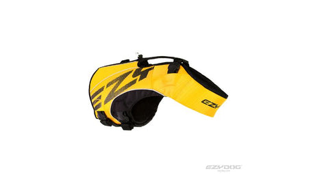 Yellow XS dog life jacket by EzyDog, featuring ergonomic design, exceptional buoyancy, and reflective safety for water activities.