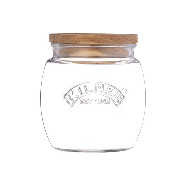 Stylish 850ml Kilner glass jar with unique acacia lid, perfect for pantry storage or cosmetics organization.