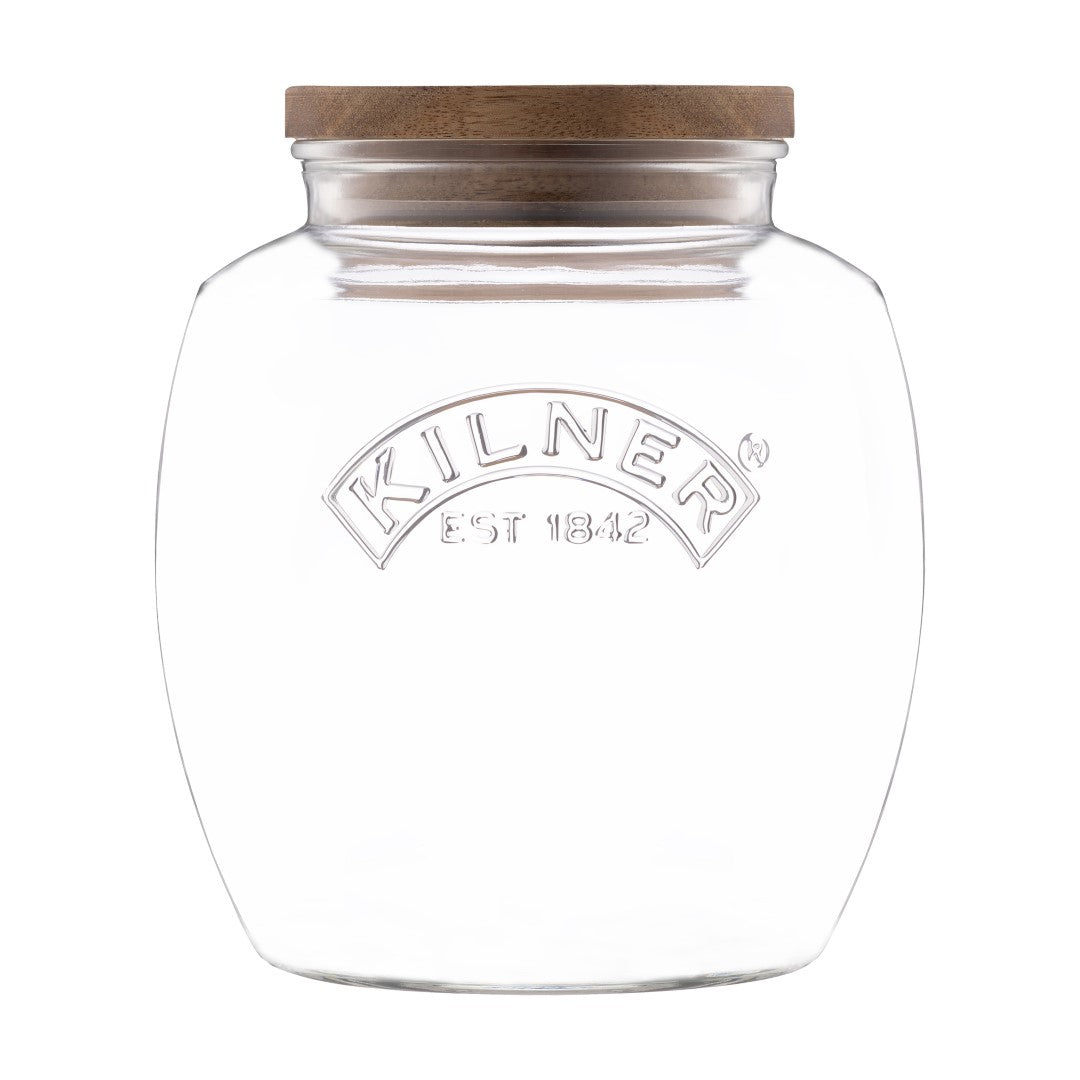 Stylish KILNER 2-litre jar with unique acacia lid, perfect for organizing dry foods or cosmetics elegantly.