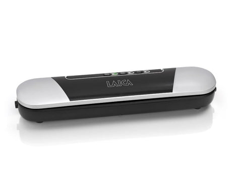 Compact black Laica vacuum sealer with adjustable pressure and built-in cutter, perfect for stowing in drawers.