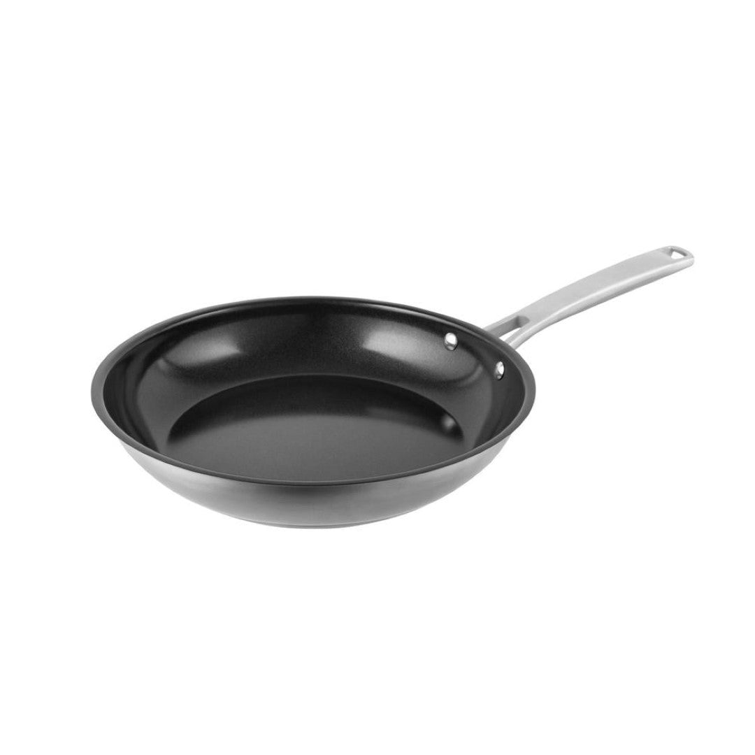 Ceramic fry pan with stainless steel body, abrasion-resistant coating, cool-touch handles, and induction compatibility, 24cm.