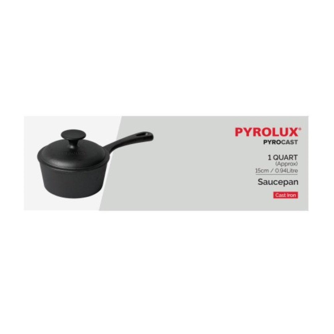 15cm PYROLUX Pyrocast saucepan with pre-seasoned cast iron, perfect for sauce, soup, or stew on any cooktop.