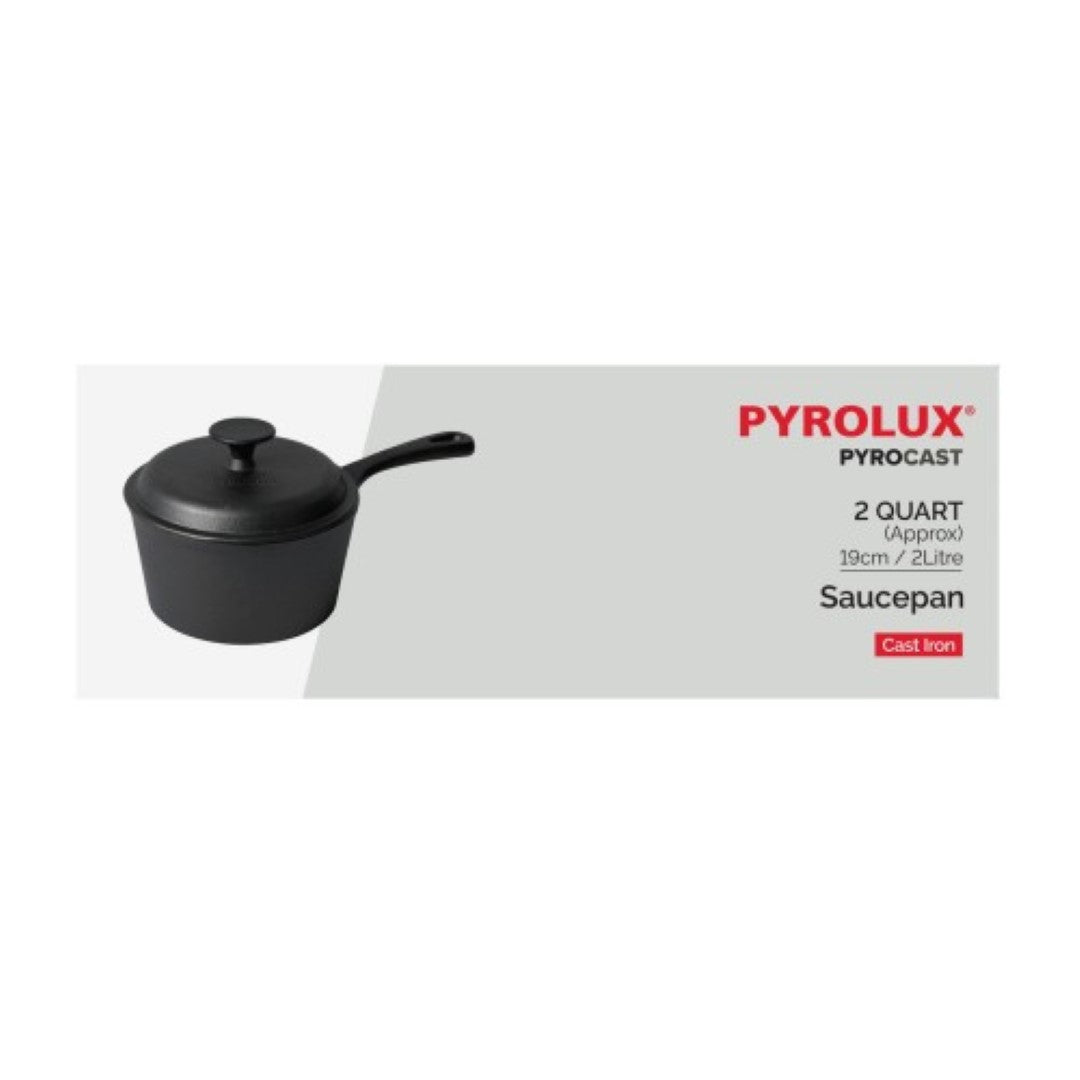 Cast iron PYROLUX Pyrocast saucepan (19cm/2L) with lid, perfect for sauces, soups, and outdoor cooking.