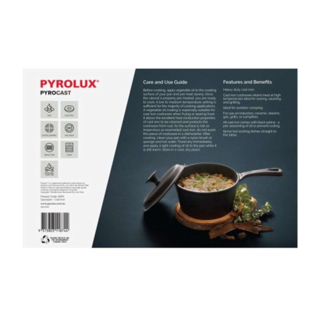 Cast iron PYROLUX Pyrocast saucepan (19cm/2L) with lid, ideal for sauces, soups, and stews on all cooktops.