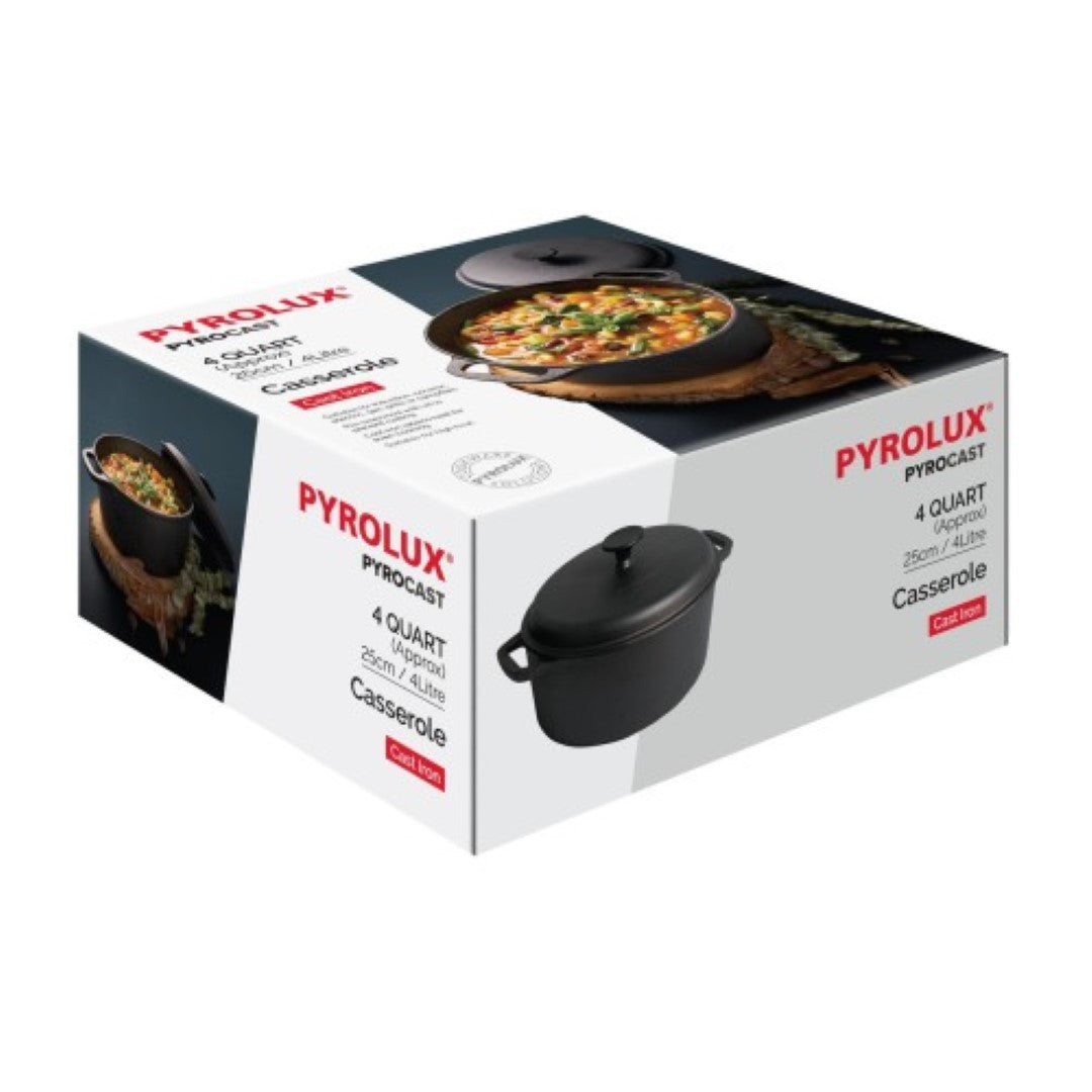 25cm PYROCAST casserole with lid, designed for even cooking and heat retention, suitable for various heat sources.