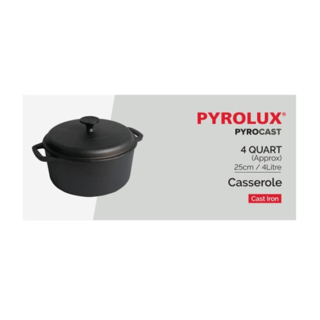 PYROCAST 25cm/4L cast iron casserole with lid, ideal for even cooking, heat retention, and serving family meals.