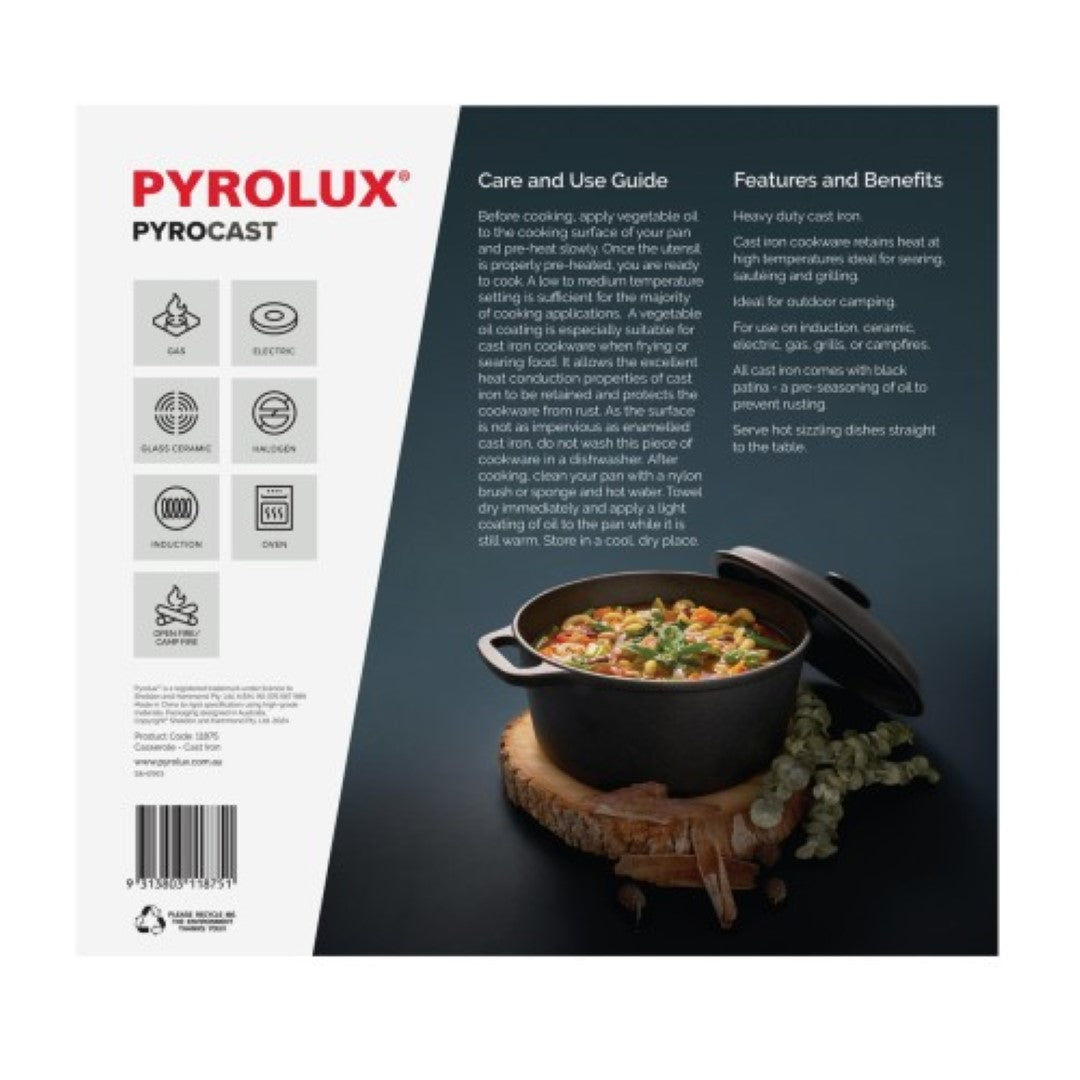 25cm Pyrolux Pyrocast casserole in cast iron, featuring a lid, ideal for even cooking and superior heat retention.