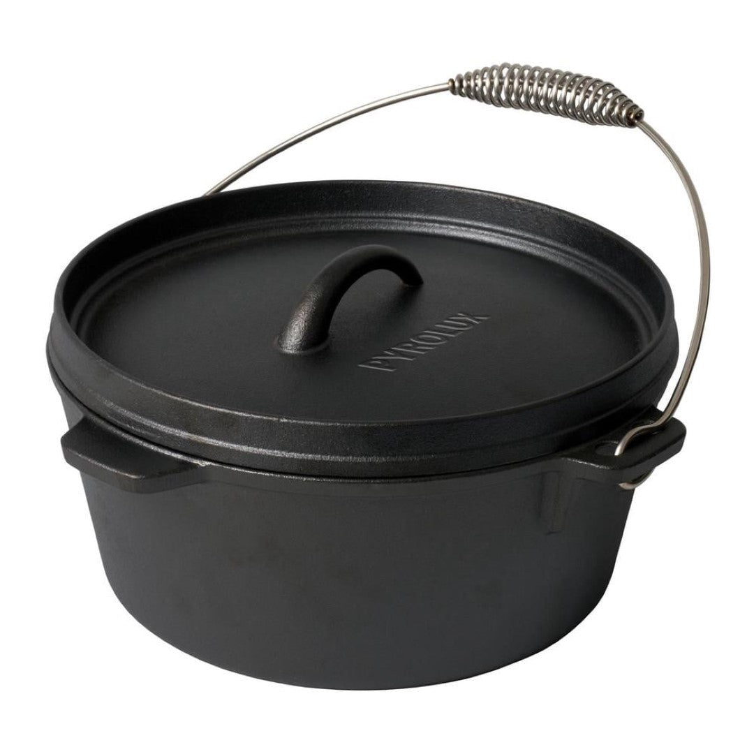 25cm PYROLUX Pyrocast Camp Oven with flanged lid, spiral handle, and pre-seasoned cast iron for outdoor cooking and grilling.