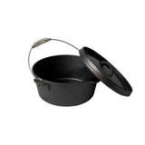 A 25cm pre-seasoned cast iron camp oven with flanged lid and spiral handle for outdoor cooking and camping meals.