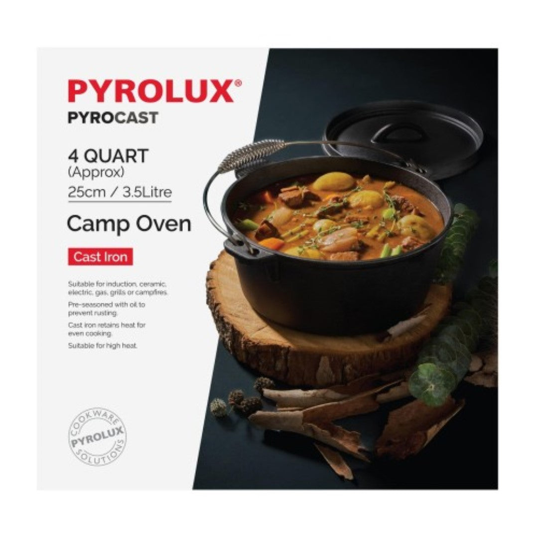 25cm/3.5L Pyrolux Pyrocast Camp Oven in pre-seasoned cast iron, perfect for outdoor cooking and durable heat retention.