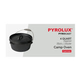 PYROLUX Pyrocast Camp Oven (25cm/3.5L) in cast iron, perfect for outdoor cooking with flanged lid and spiral handle for easy use.