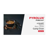 Pre-seasoned 25cm cast iron camp oven with flanged lid and spiral handle, ideal for outdoor cooking and heat retention.