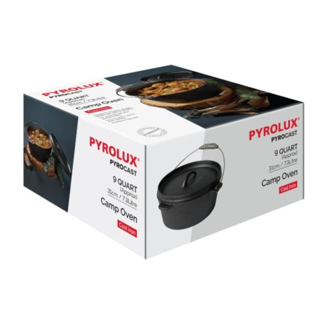 Durable 31cm PYROLUX Pyrocast camp oven with pre-seasoned cast iron for even cooking, perfect for outdoor meals and grilling.