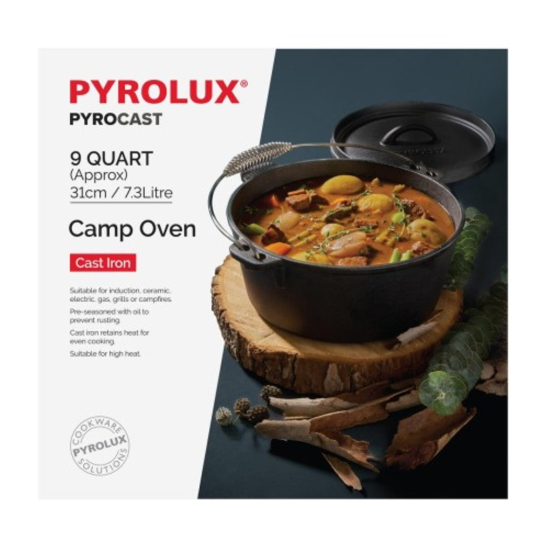 PYROLUX Pyrocast 31cm camp oven in cast iron, 7.3L capacity, features flanged lid and spiral handle for outdoor cooking.