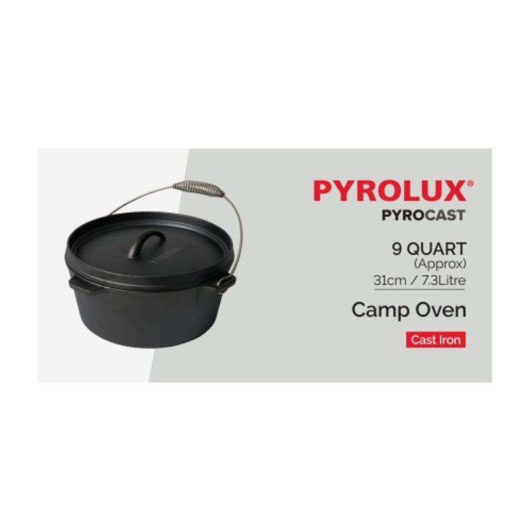 PYROLUX Pyrocast Camp Oven, 31cm cast iron pot with flanged lid, spiral handle, and 7.3L capacity for outdoor cooking.