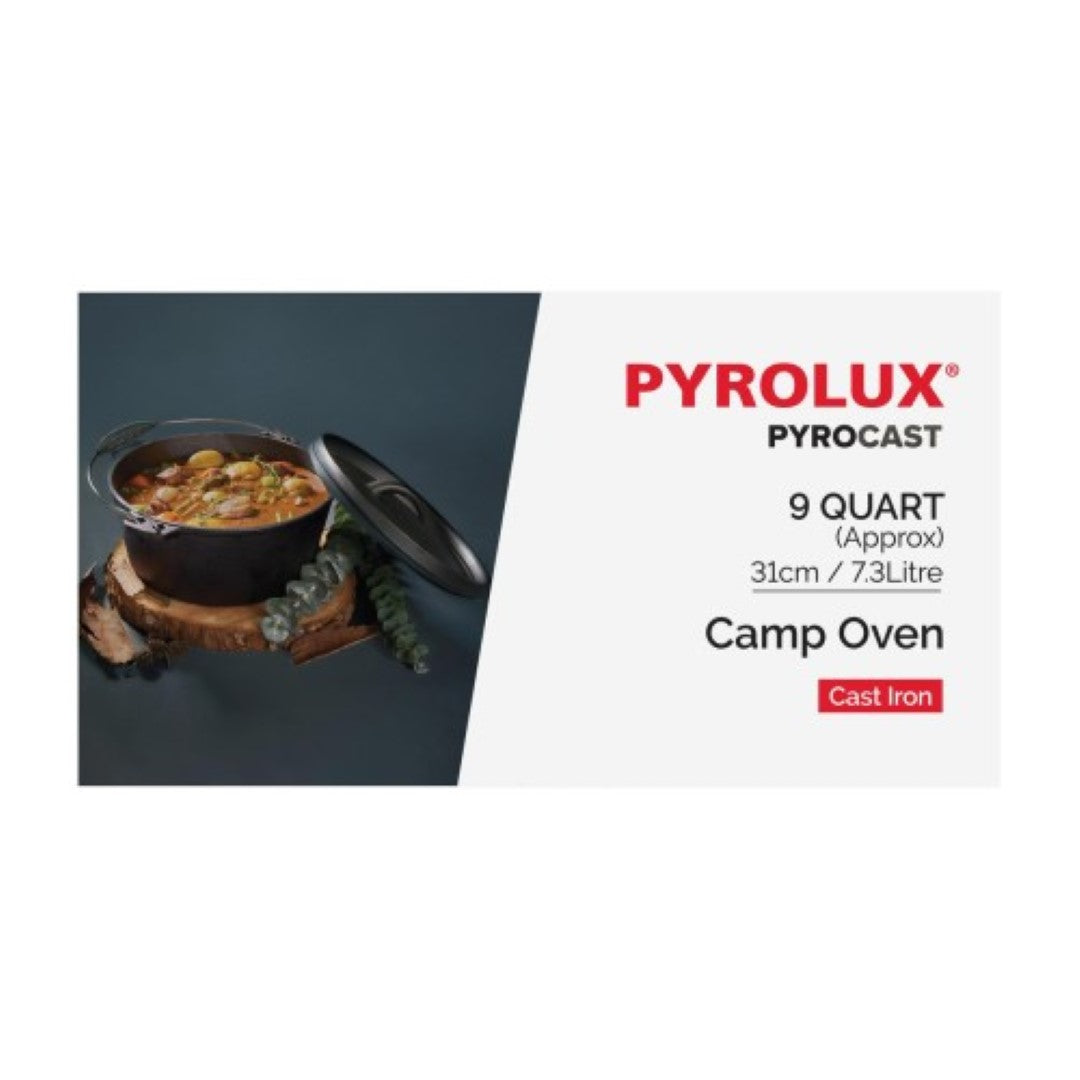 PYROLUX Pyrocast Camp Oven, 31cm, 7.3L; cast iron, pre-seasoned, ideal for outdoor cooking over campfire or grill.