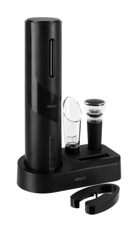 Electric wine opener set by AVANTI with rechargeable battery, aerator, vacuum stopper, and foil cutter for effortless wine enjoyment.