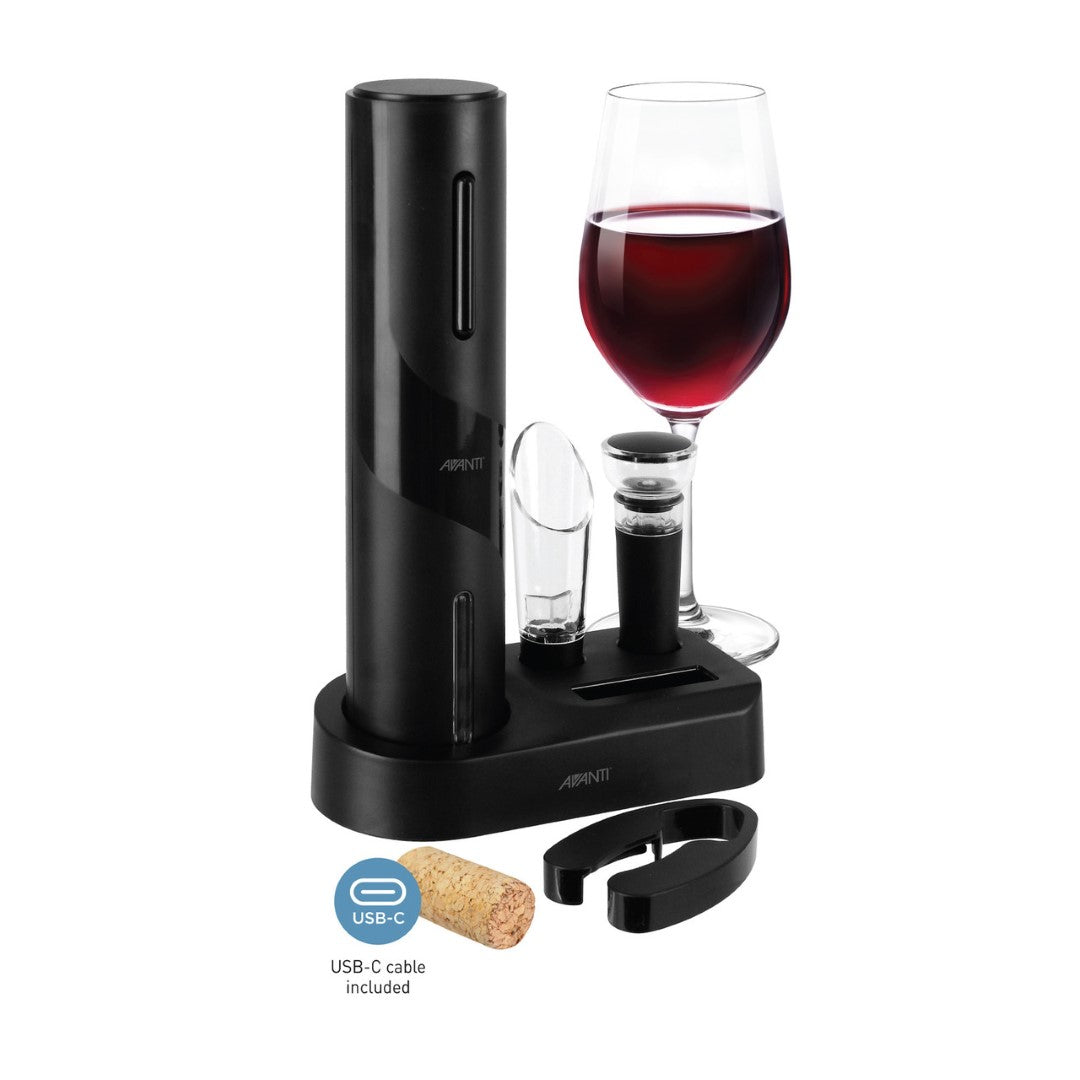 Electric wine opener set with aerating pourer, vacuum stopper, and foil cutter for effortless wine enjoyment and preservation.