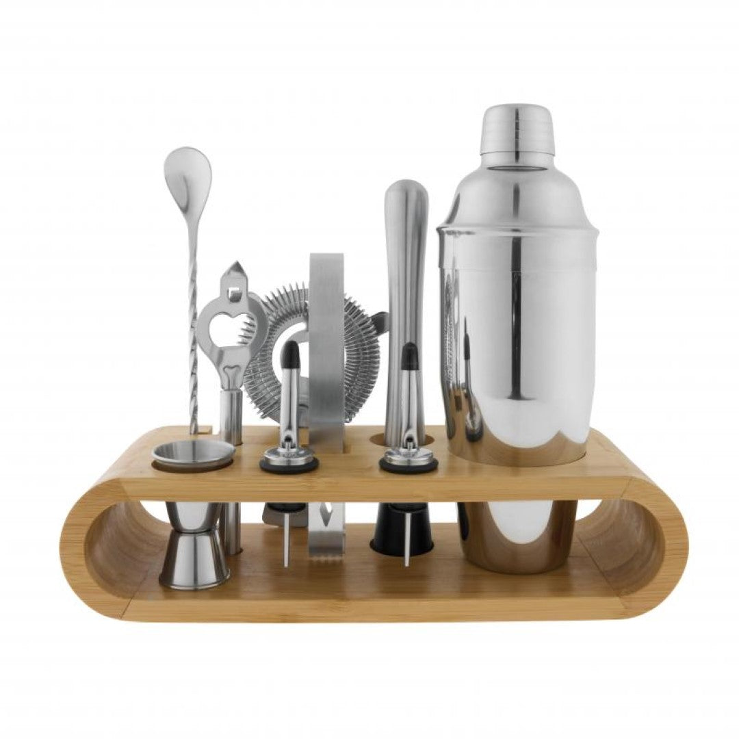 10-piece Avanti Bar Set with bamboo stand, featuring stainless steel tools for mixology and cocktail preparation.