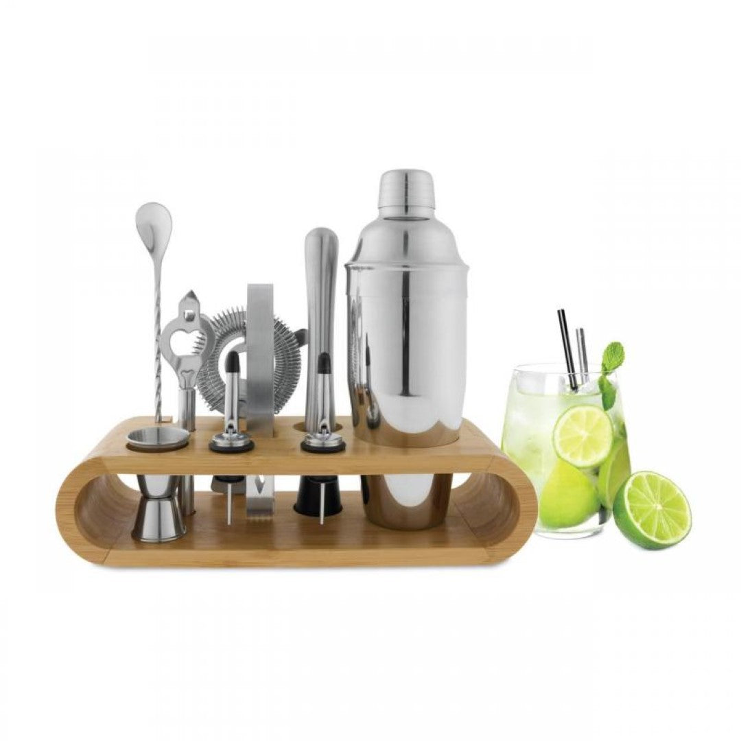 10-piece Avanti bar set with bamboo stand, featuring durable stainless steel tools for mixology and organized elegance.