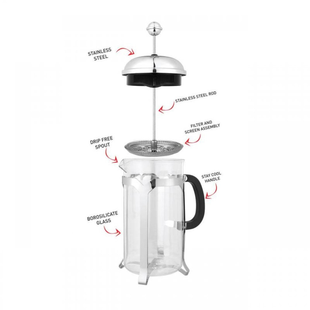 Elegant 350ml French press coffee maker with heat-resistant glass, stainless steel filter, and drip-free spout for perfect brewing.