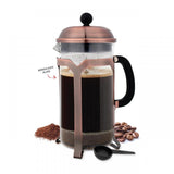 Antique-style 350ml coffee plunger with heat-resistant glass, stainless steel parts, and easy-pour design for rich coffee brewing.