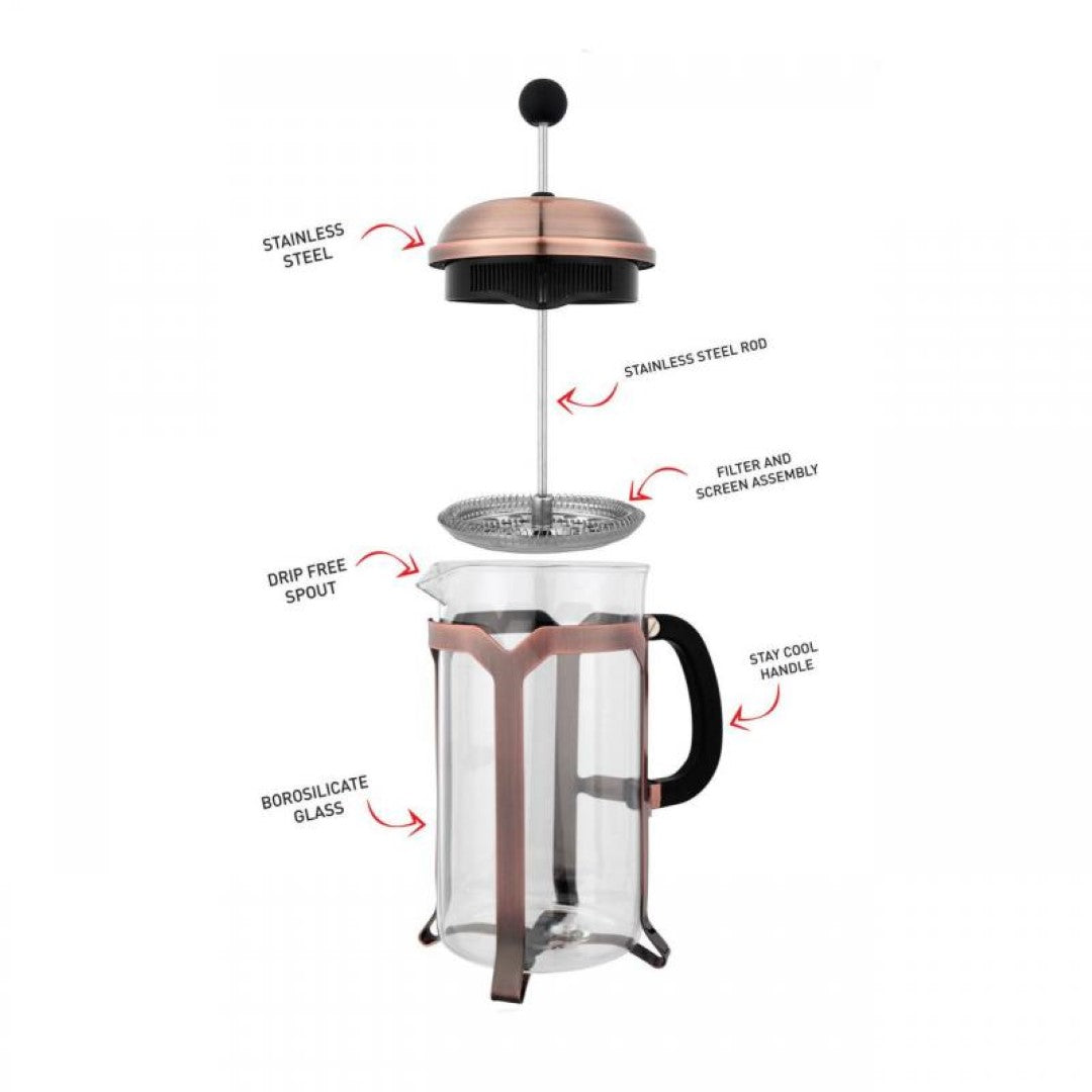 Antique-style AVANTI Domo Coffee Plunger, 350ml capacity, heat-resistant glass, stainless steel filter, elegant and functional design.