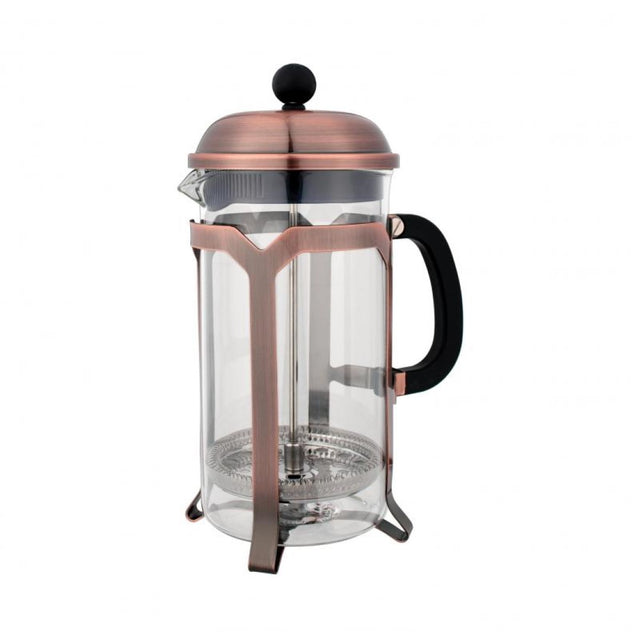 Antique-style 1L coffee plunger with borosilicate glass, stainless steel filter, and drip-free spout for perfect brewing.