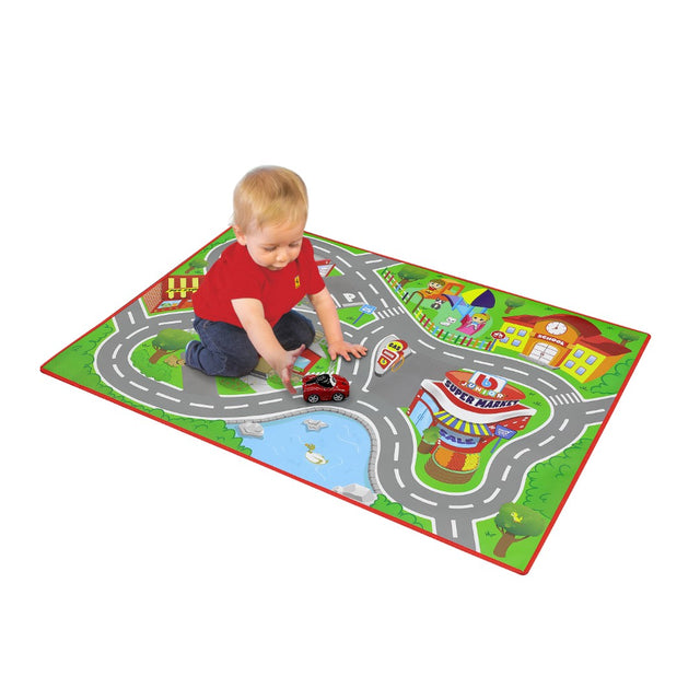 Colorful city-themed playmat for kids, featuring streets, shops, and a LaFerrari vehicle for imaginative play.