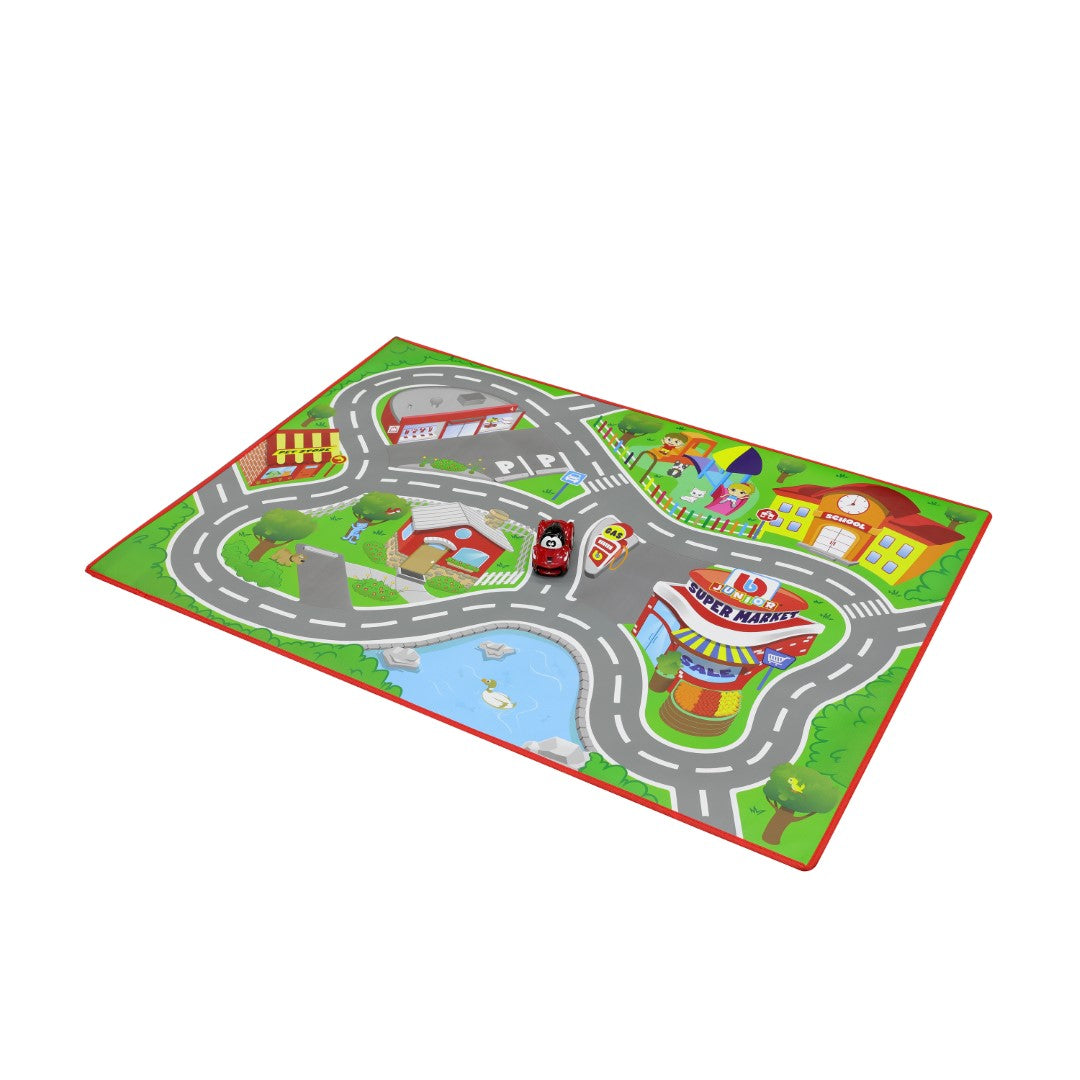 Vibrant city-themed playmat with roads, stores, and a LaFerrari vehicle for imaginative play; easy to clean and durable.