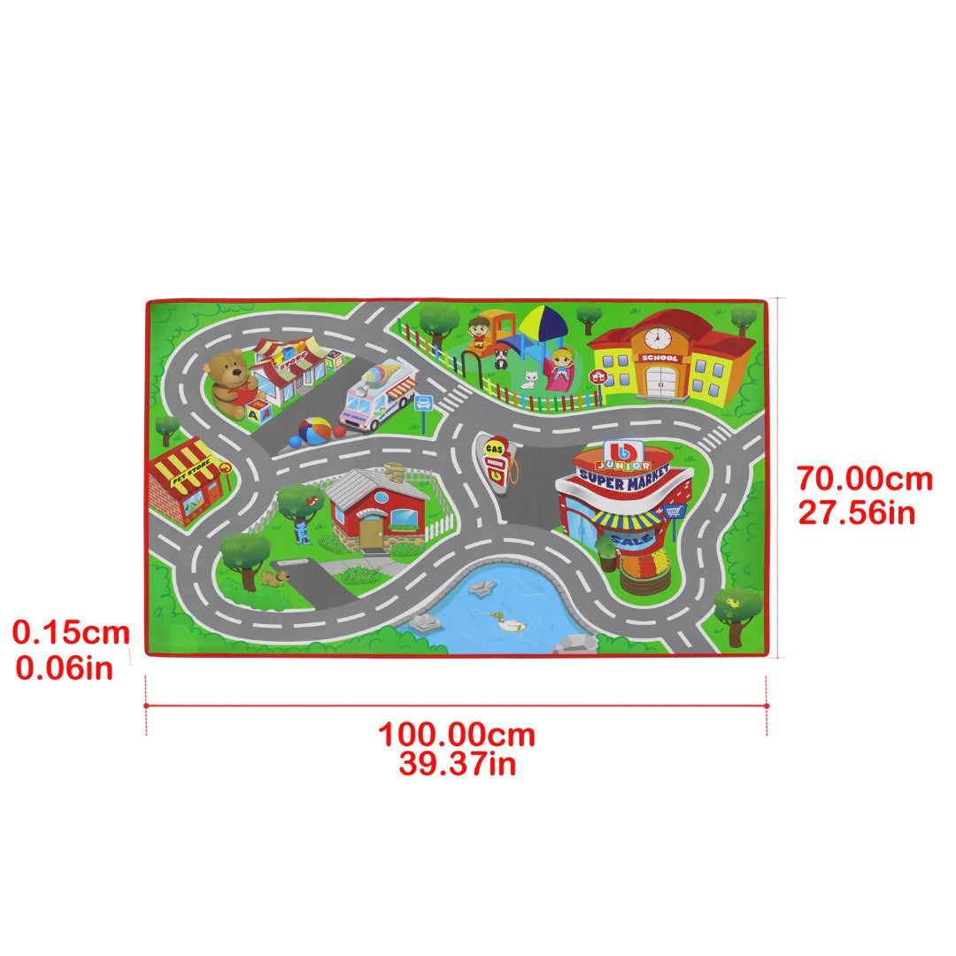 Colorful BB Junior VW Junior City Playmat features streets and buildings, promoting imaginative play and gross motor skills.