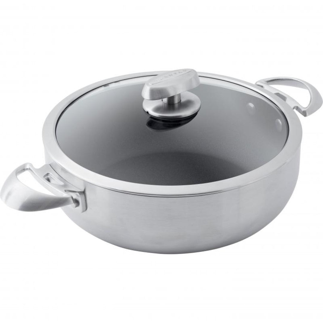 Elegant 26cm SCANPAN shallow casserole with nonstick surface, ergonomic handles, and durable stainless-aluminium construction.