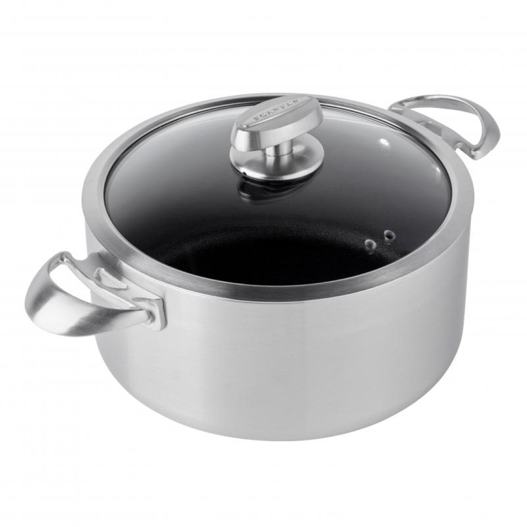 SCANPAN CS+ Dutch Oven in brushed stainless steel, 24cm/4.8L, featuring multi-ply construction and STRATANIUM+ nonstick surface.